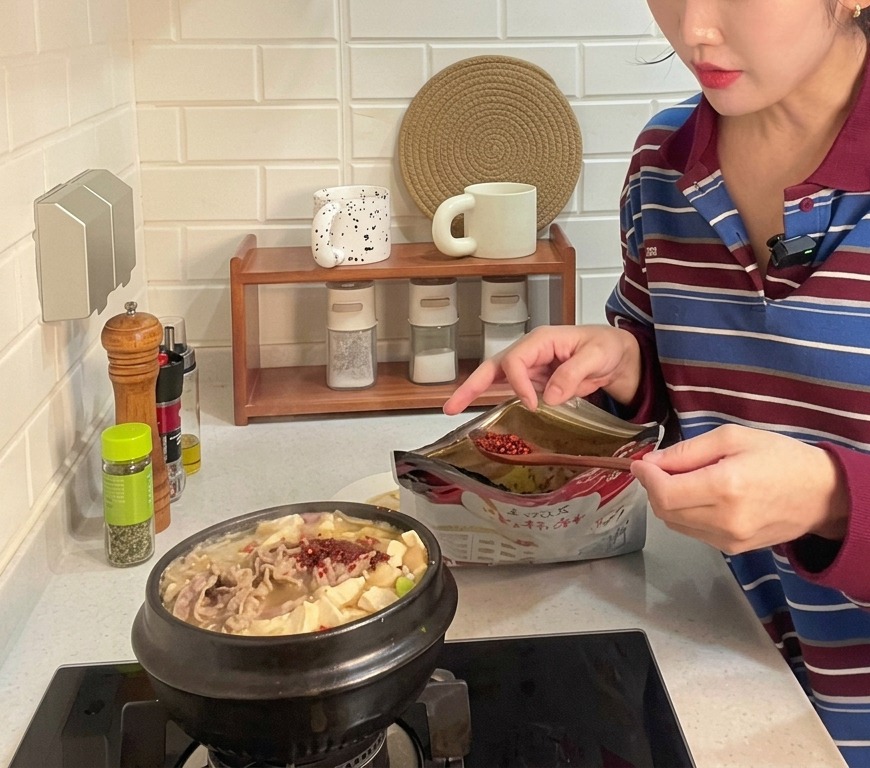 A spoonful of coarse red chili powder being added into a bubbling earthenware pot of Korean soybean paste stew filled with tofu and thinly sliced beef.