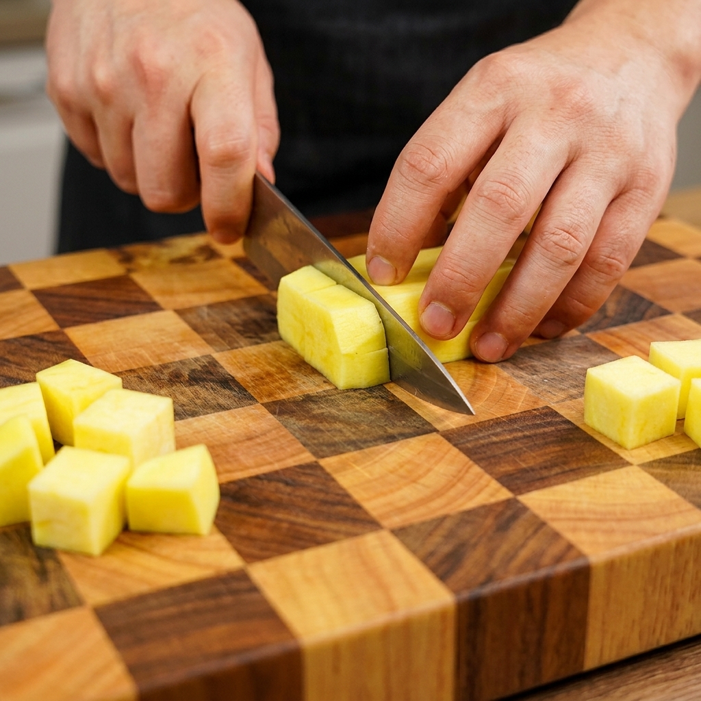 A chef cutting a yellow zucchini into small blocks on a checkered wooden cutting board.