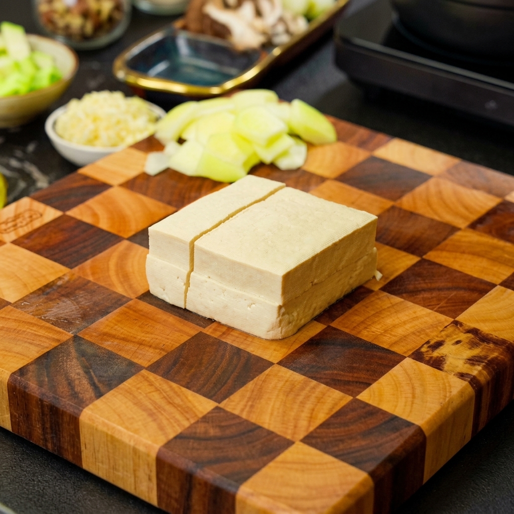A block of white tofu being sliced into sections on a checkered wooden cutting board.