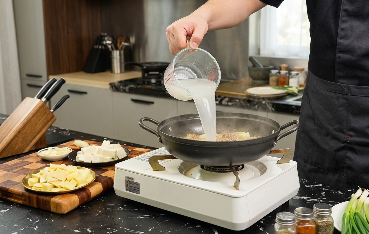 Cloudy starchy rice water being poured from a clear measuring cup into a black cooking pot on a portable stove.