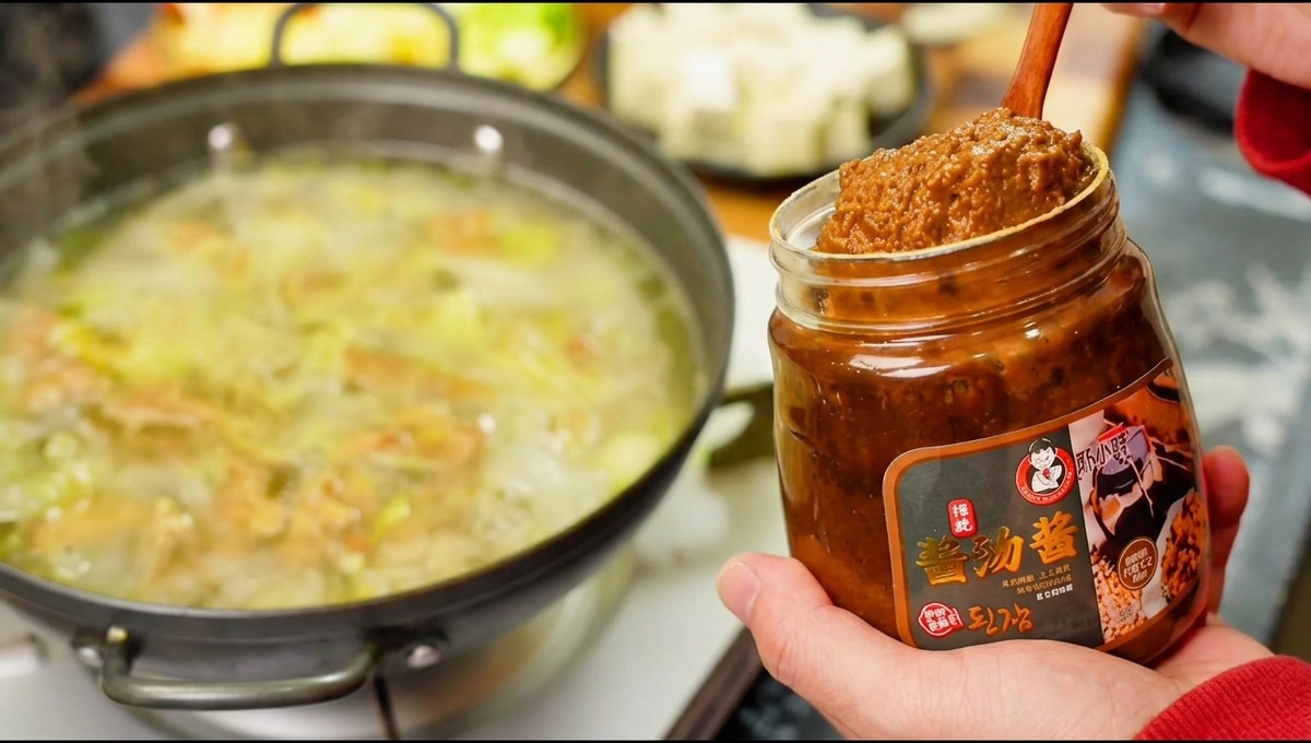 A wooden spoon holding a large scoop of Korean soybean paste next to a jar, with a simmering pot in the background.