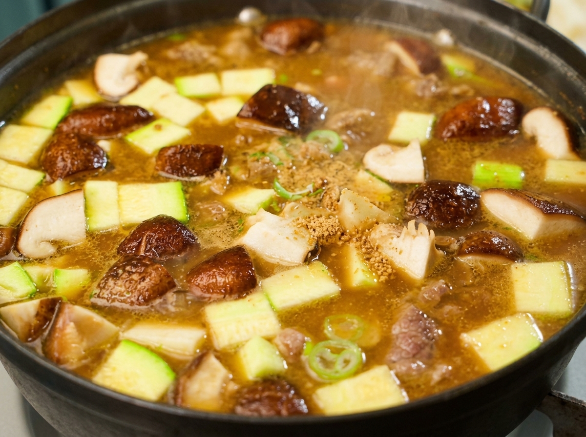 A spoonful of minced garlic and beef seasoning powder being placed into a simmering pot of Korean soybean paste soup filled with chopped zucchini and shiitake mushrooms.