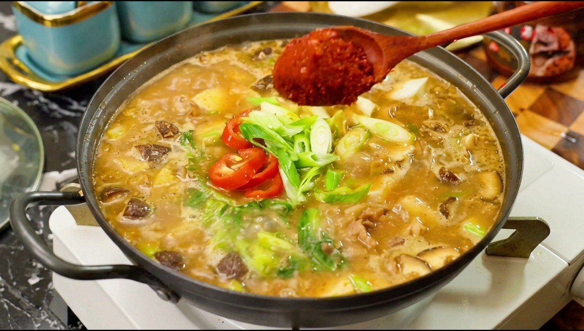 A wooden spoon adding a large scoop of bright red chili powder into a bubbling pot of Korean soybean paste soup filled with beef, mushrooms, and fresh chilies.