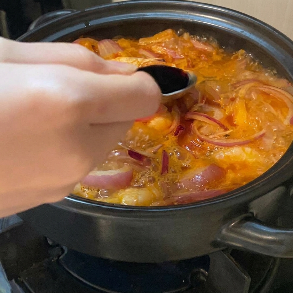 A hand using a spoon to pour a dark liquid seasoning into a bubbling orange-red soup broth filled with onions and shrimp.
