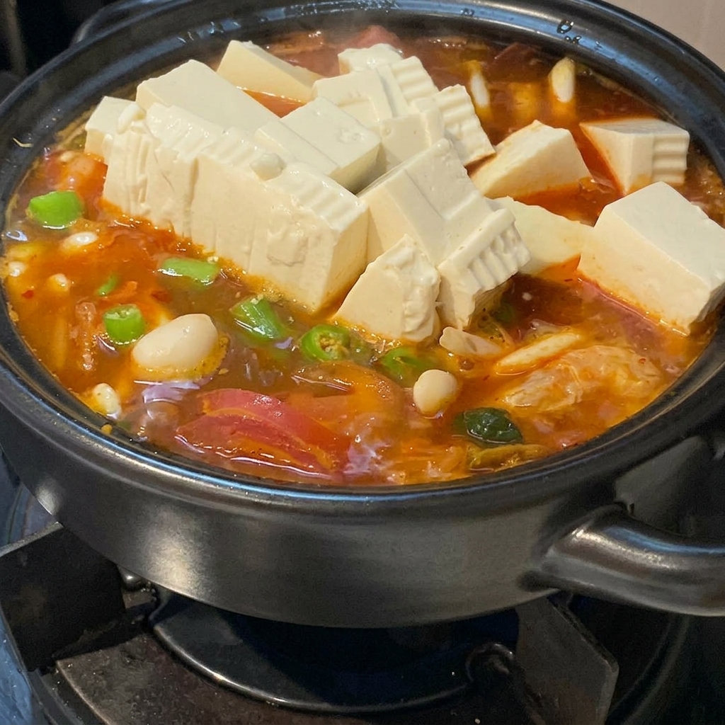 Large cubes of soft white tofu piled neatly over a simmering vibrant red kimchi soup filled with green peppers and sliced onions.