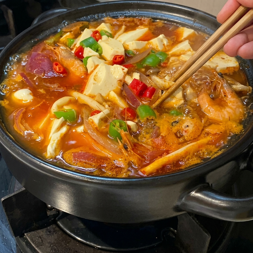 A completed clay pot of boiling red kimchi soup with soft tofu cubes shrimp and red onions garnished with chopped green and red chilies being adjusted with wooden chopsticks.