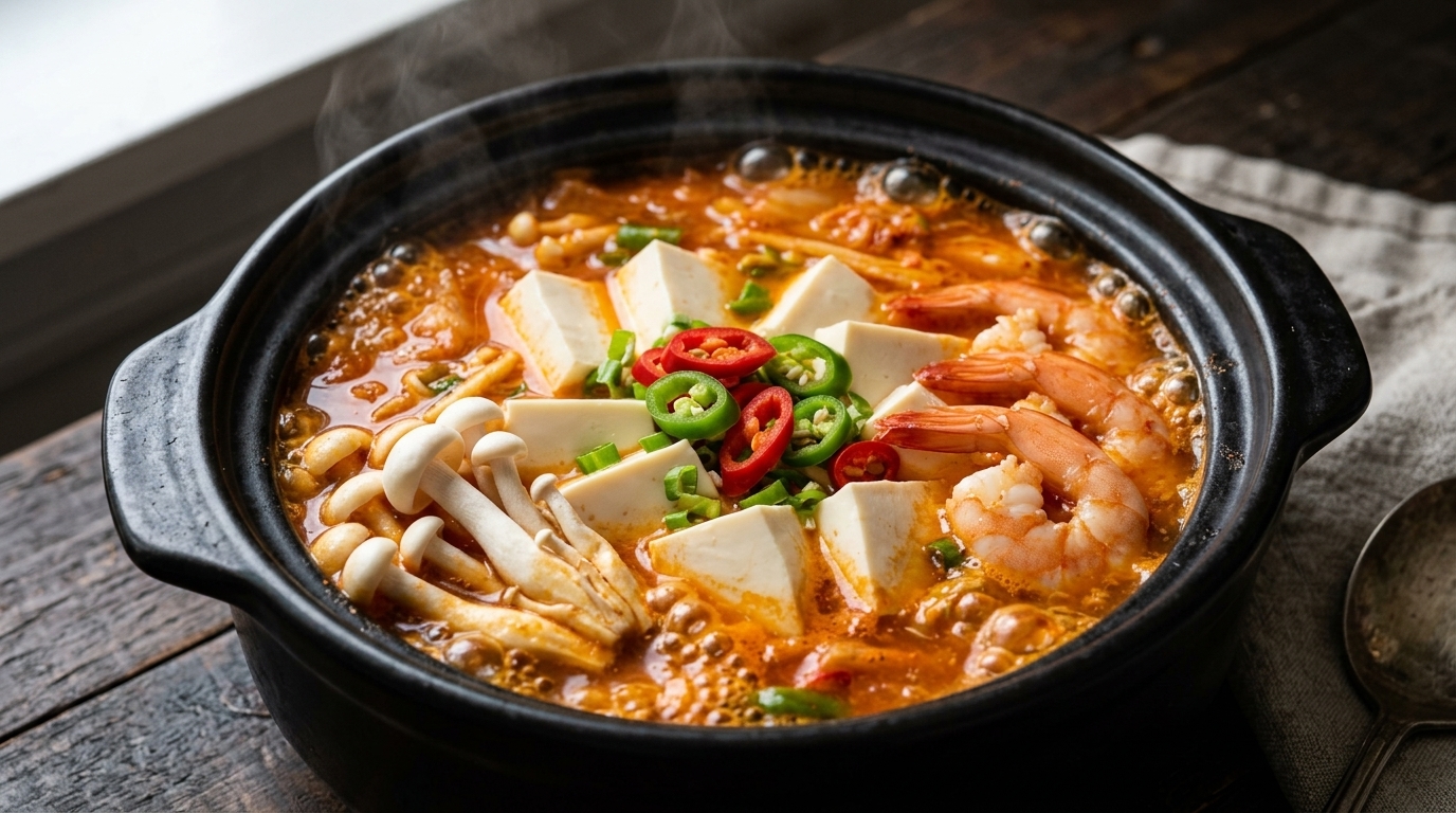 Cozy Kimchi Tofu Soup with Shrimp (Soondubu Jjigae)