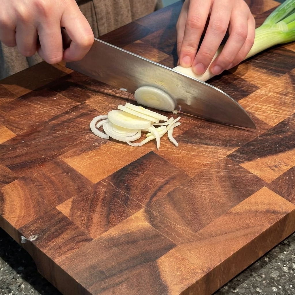 Hands slicing white scallions into long thin shreds on a wooden cutting board with a chefs knife.
