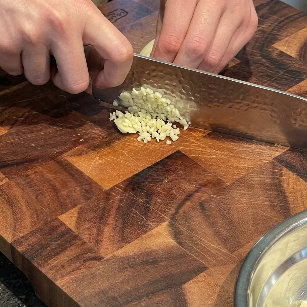 Hands finely mincing fresh garlic cloves into tiny bits on a wooden cutting board.