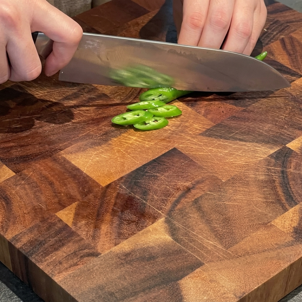 Hands slicing green chili peppers diagonally into thin pieces on a wooden cutting board.