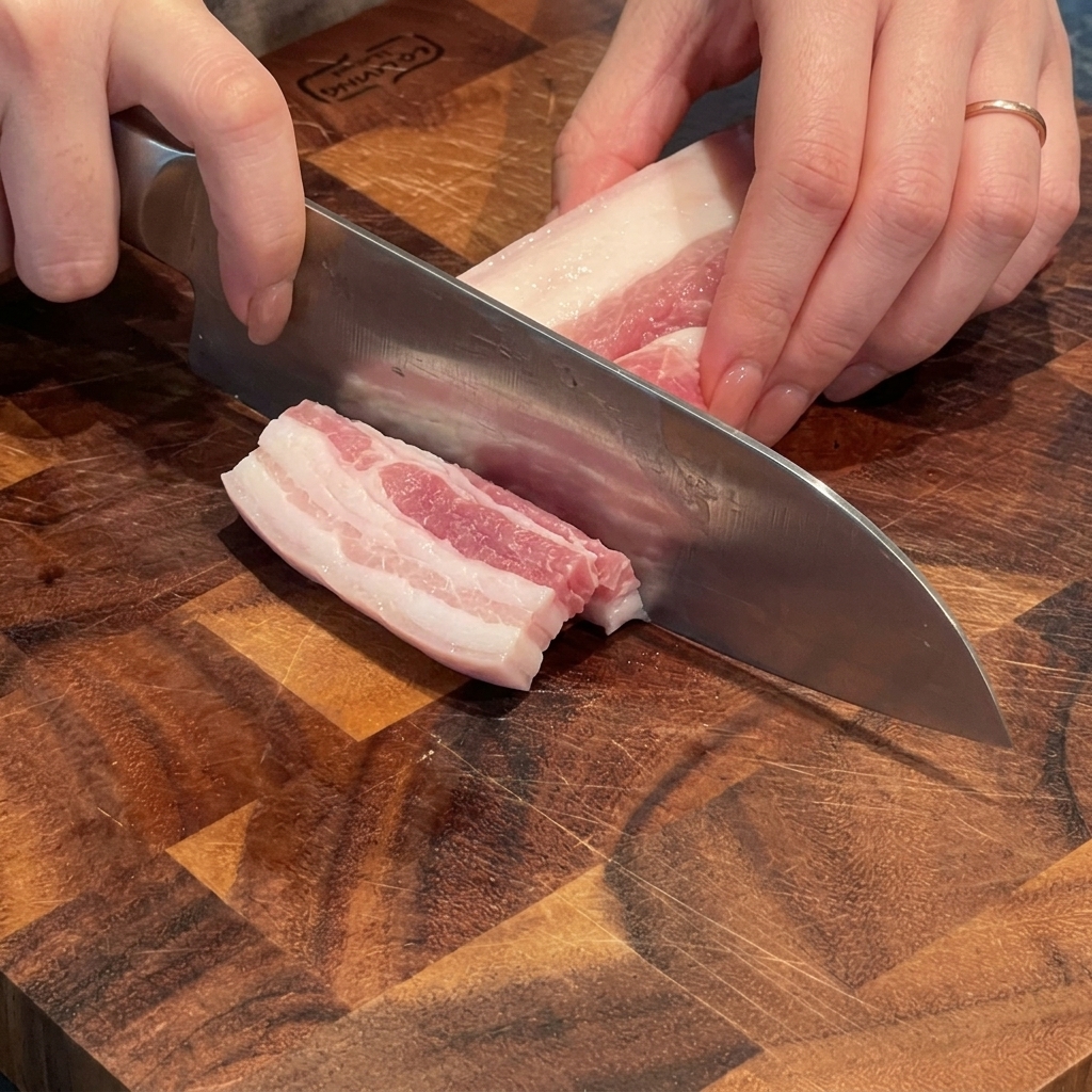 Hands slicing a slab of raw pork belly into thick bite-sized pieces on a wooden cutting board.