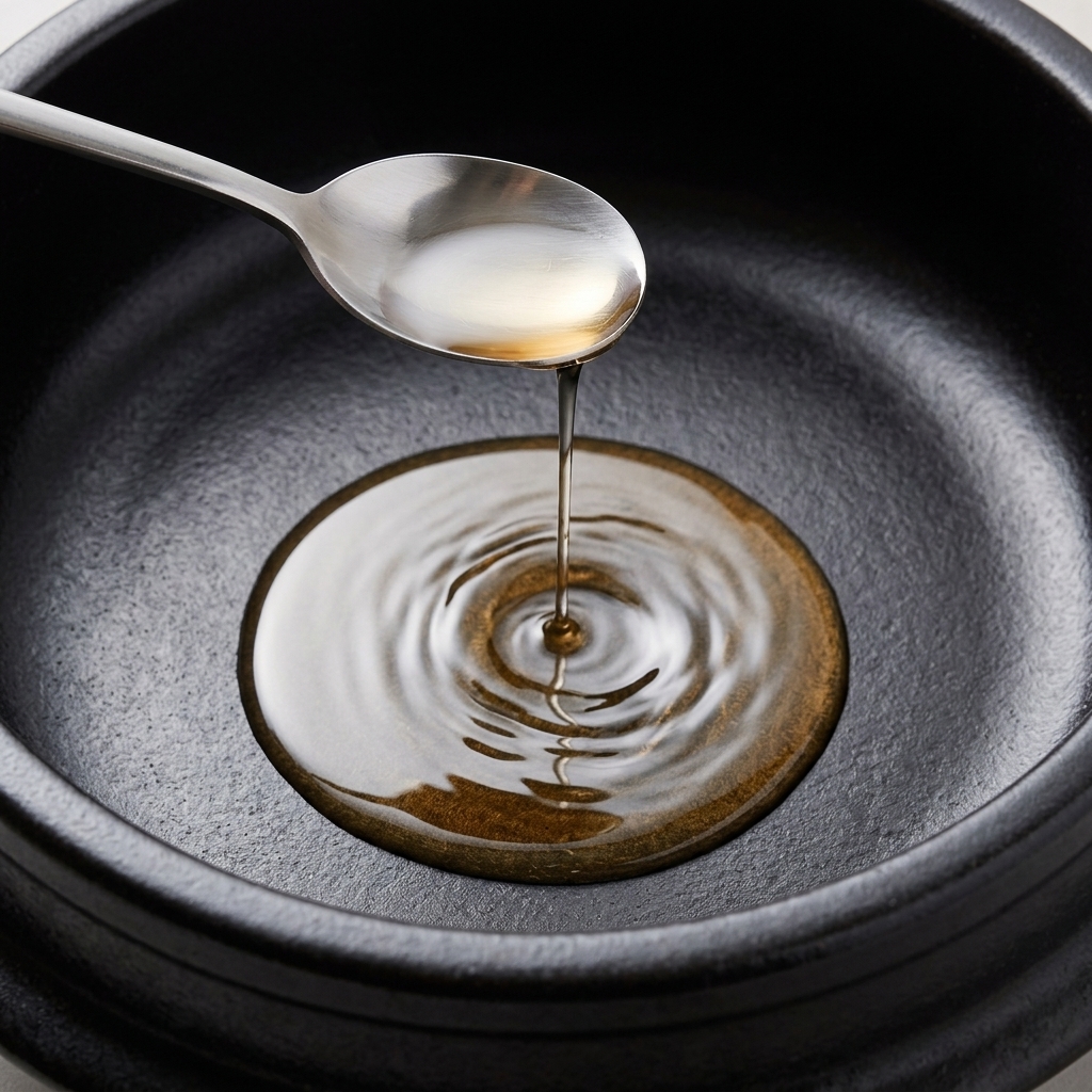 Vegetable and sesame oil being poured from a stainless steel spoon into a black stone pot.