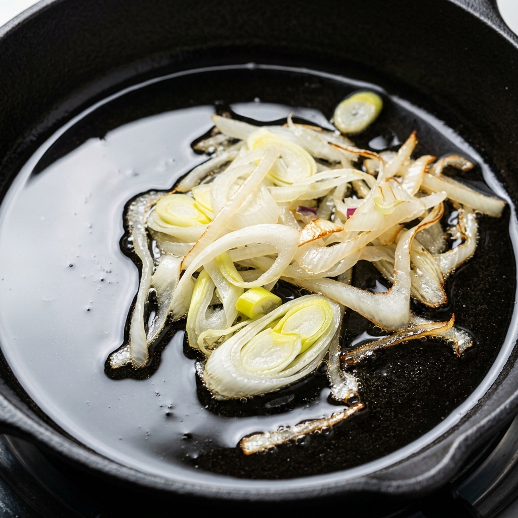 Shredded scallions and onions sizzling in a well-oiled pan over medium heat.