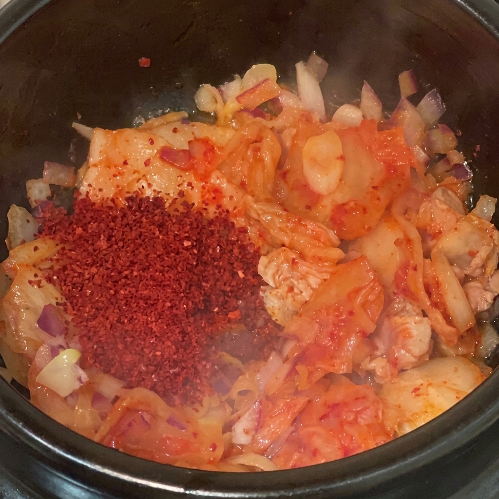A vibrant pile of fine and coarse red chili powder placed over chopped kimchi and pork belly in a pot.