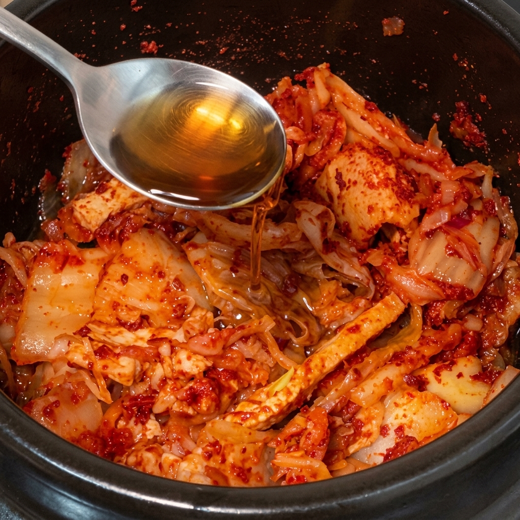 A metal spoon pouring a clear amber liquid into a black pot filled with vibrant red, sautéed kimchi and pork pieces.