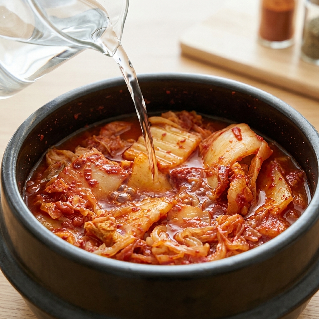 Hot water being poured from a pitcher into an earthenware pot filled with simmering kimchi stew.