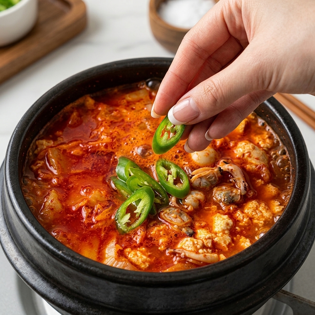 A close-up shot of a hand dropping fresh, diagonally sliced green chili peppers into a boiling pot of red kimchi tofu soup.
