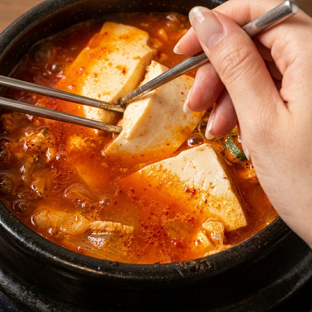 A hand scattering green scallions and seaweed flakes over a bubbling red tofu soup in a clay pot.