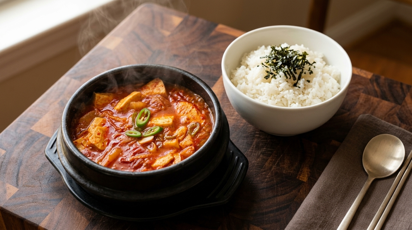 A traditional black stone pot filled with bubbling Kimchi Jjigae, served alongside a bowl of white rice topped with seaweed.
