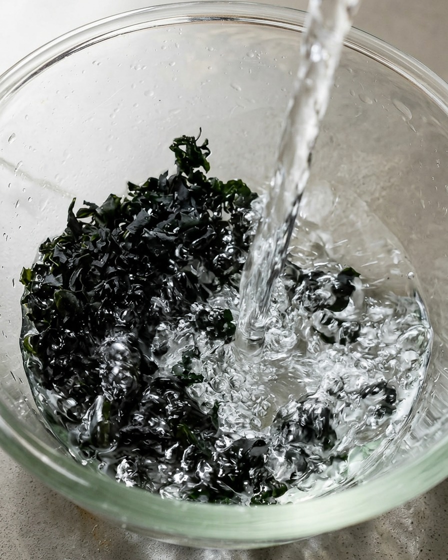 Warm water being poured from above into a clear glass bowl containing dark, dried seaweed pieces.