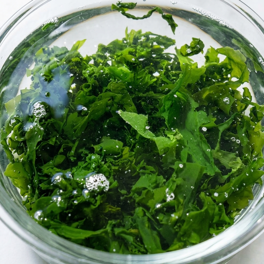 A top-down view of a glass bowl filled with bright green, fully rehydrated seaweed leaves submerged in clear water.