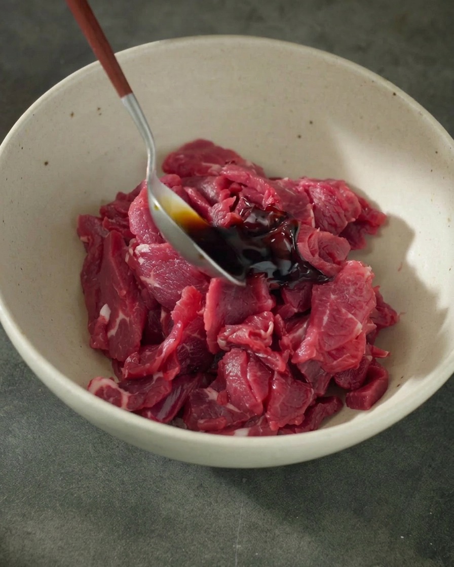 A silver spoon pouring dark liquid seasoning, like soy sauce and oyster sauce, onto fresh raw sliced beef inside a white ceramic bowl.