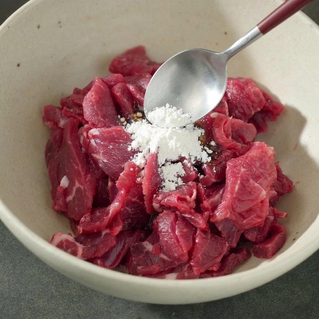 A spoon depositing a mound of white cornstarch and pepper powder onto the marinated raw beef slices in a bowl.