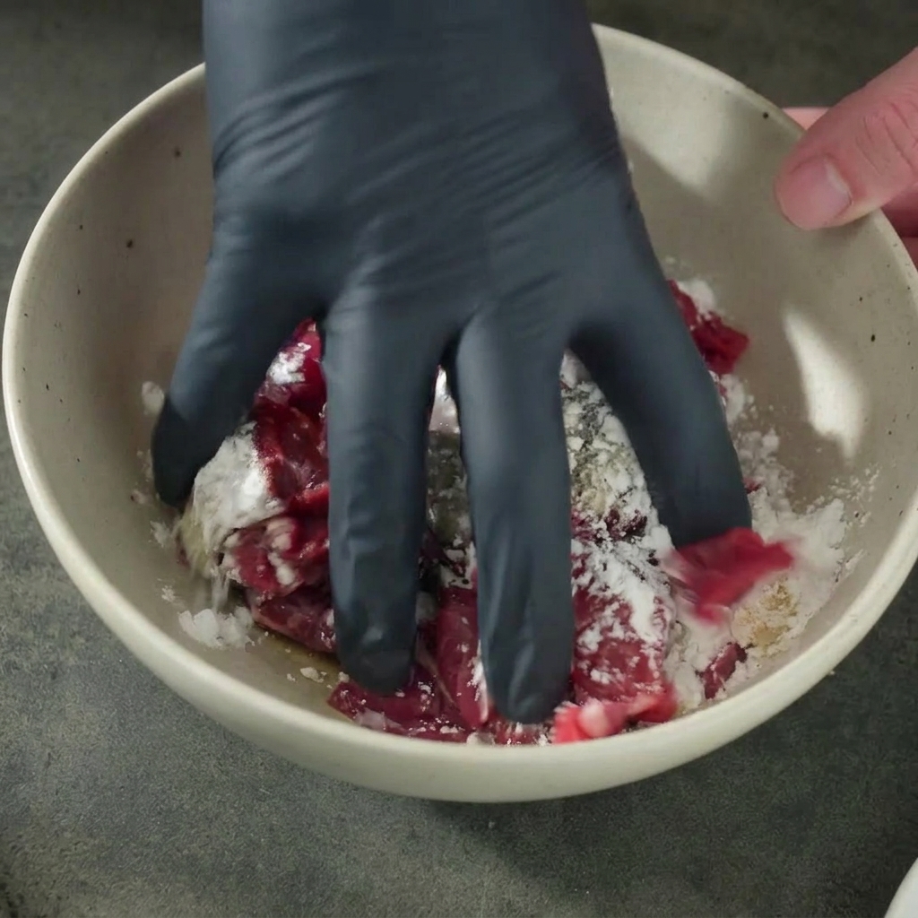 A hand wearing a black glove mixing raw sliced beef with white cornstarch and dark marinade inside a beige ceramic bowl.