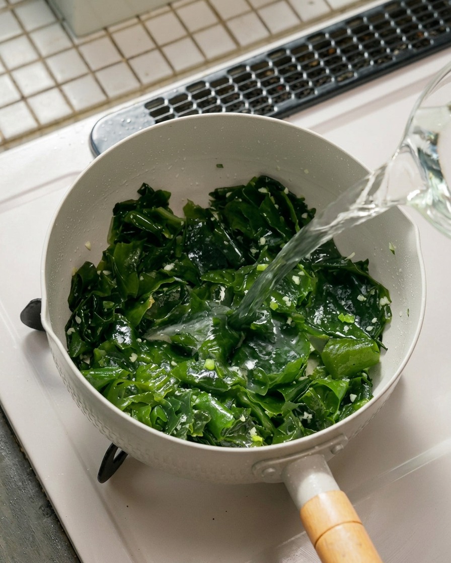 Clear liquid being poured from a vessel into a white pot filled with green seaweed and bits of sautéed garlic.