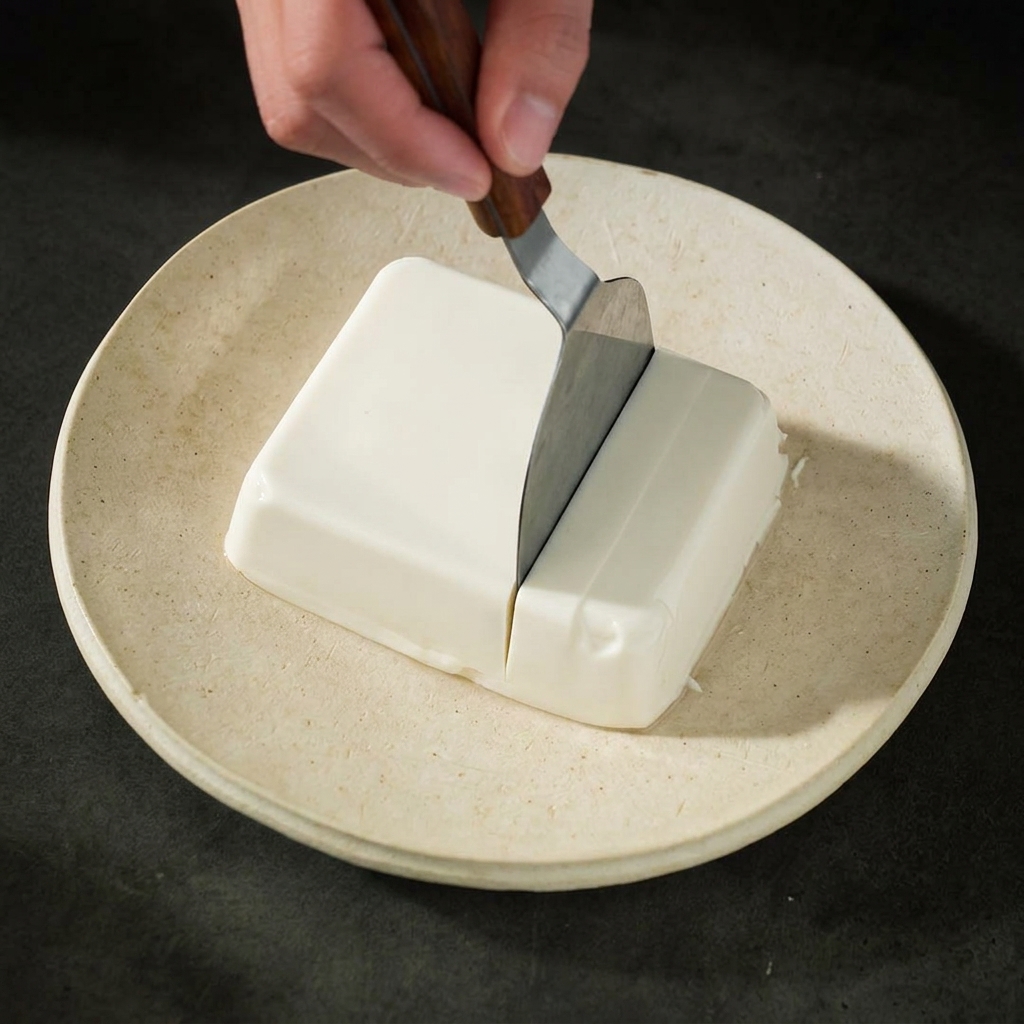 A person using a small metal spatula tool to cut a smooth, rectangular block of white silken tofu into cubes on a round plate.