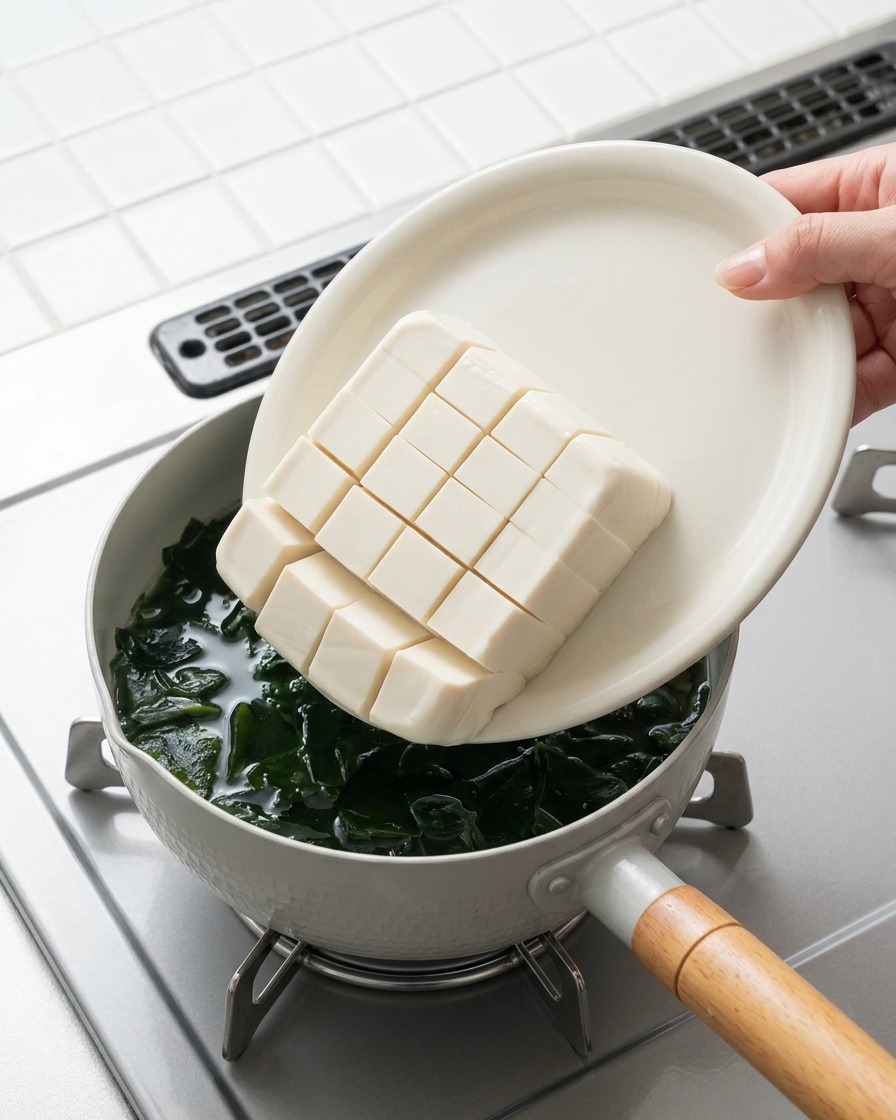 A plate of perfectly cubed white silken tofu being tilted to slide the pieces into a white pot of hot seaweed soup.