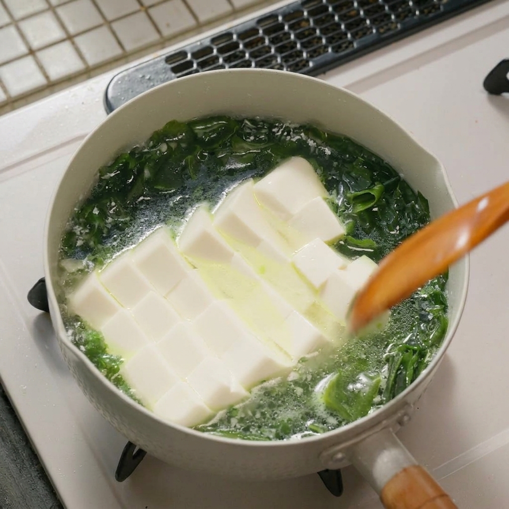 A wooden spatula gently stirring fresh white tofu cubes and green seaweed in a simmering clear broth inside a white pot.