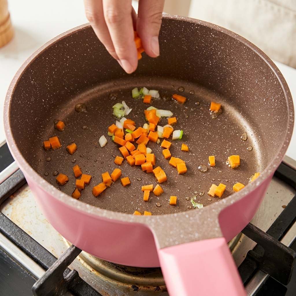 Finely diced orange carrots and chopped scallion whites being sautéed with oil in a pink cooking pot.