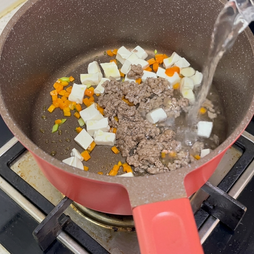 Blanched tofu cubes, stir-fried minced beef, and diced carrots combined in a pot as hot water is poured over the ingredients.