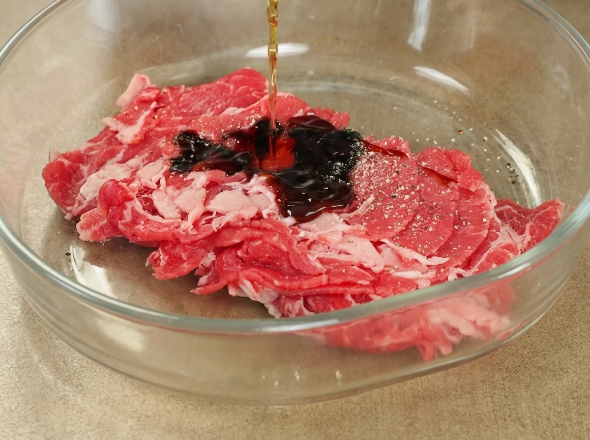 A thin stream of dark soy sauce being poured over seasoned beef slices in a glass bowl.