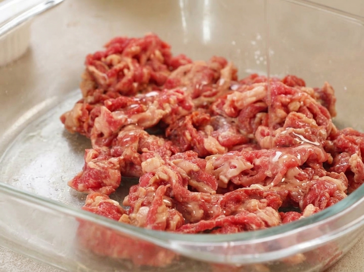 A thin stream of oil poured over glistening, fully marinated beef slices in a bowl.