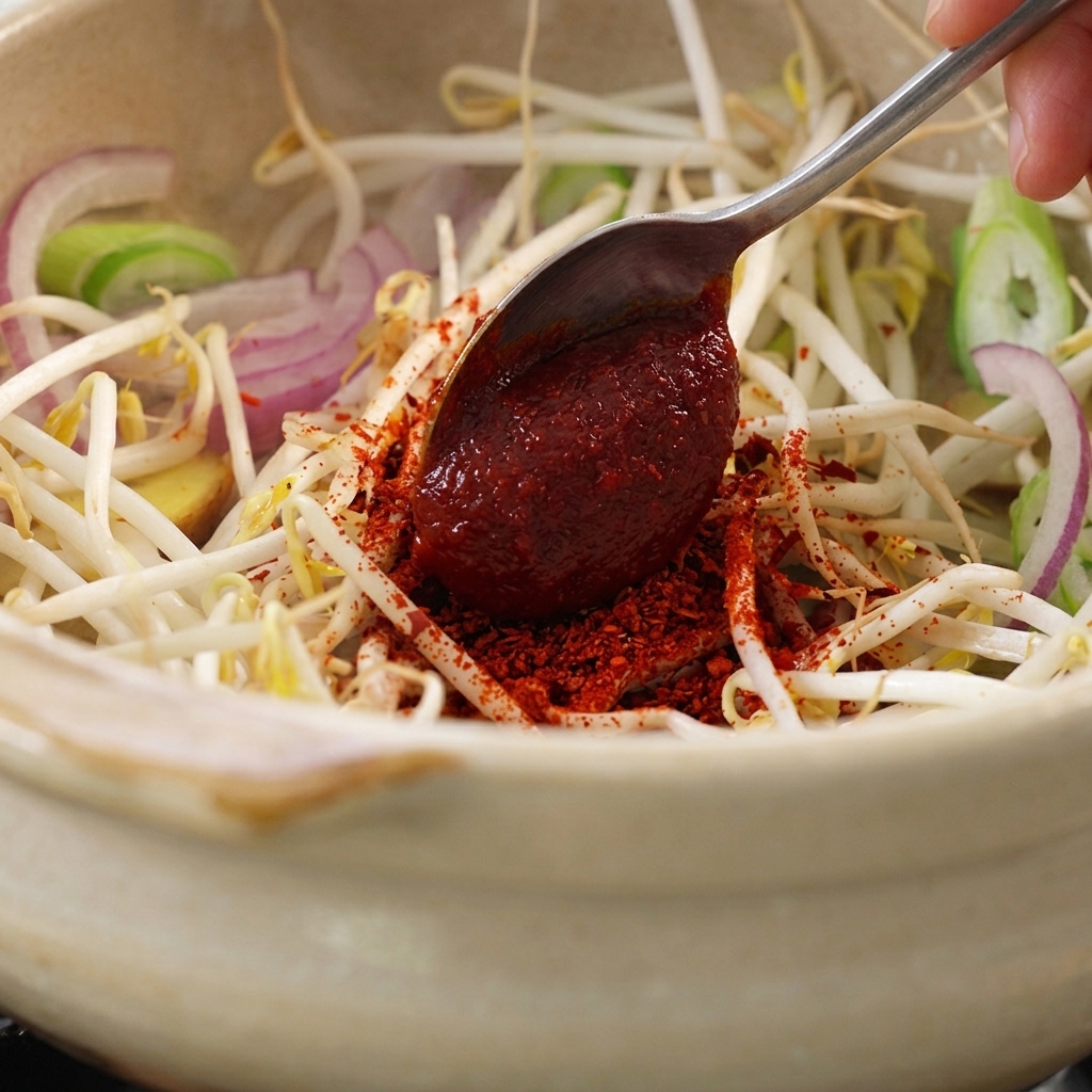 A spoonful of thick, dark red Korean chili paste being placed over raw bean sprouts and chili flakes in a ceramic pot.