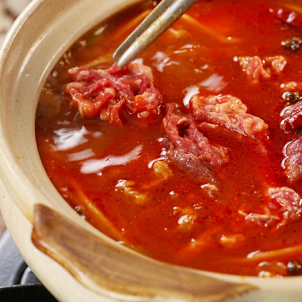 Using metal tongs to place thin pieces of raw, seasoned red beef into a boiling pot of red spicy stew.