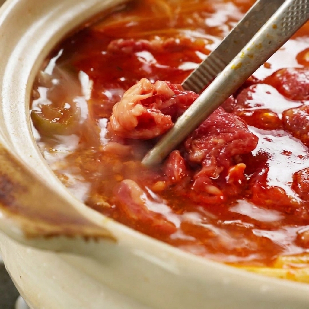 Cooking beef slices being handled with metal chopsticks inside a hot, bubbling red stew pot as they finish cooking.