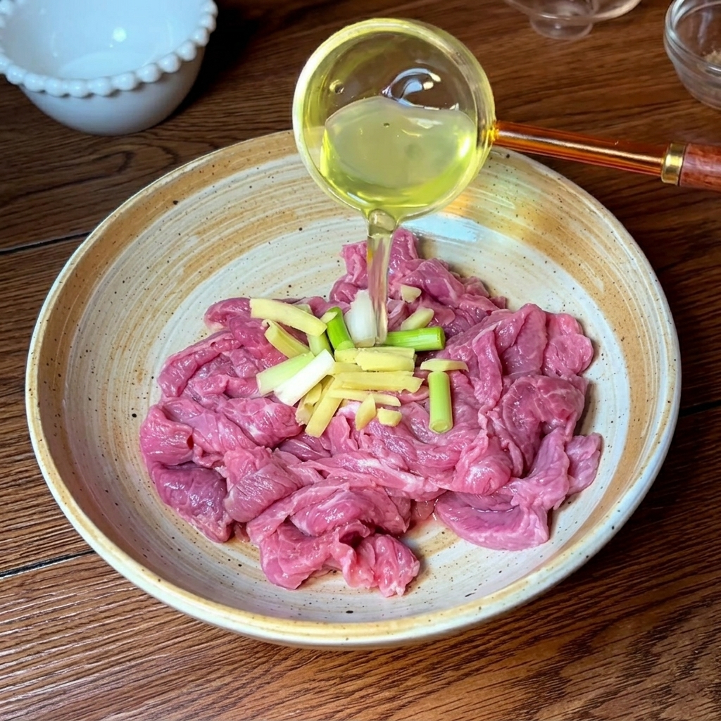 A ceramic bowl containing raw sliced beef topped with fresh ginger strips and green scallions, with a clear liquid seasoning being poured from a glass ladle.