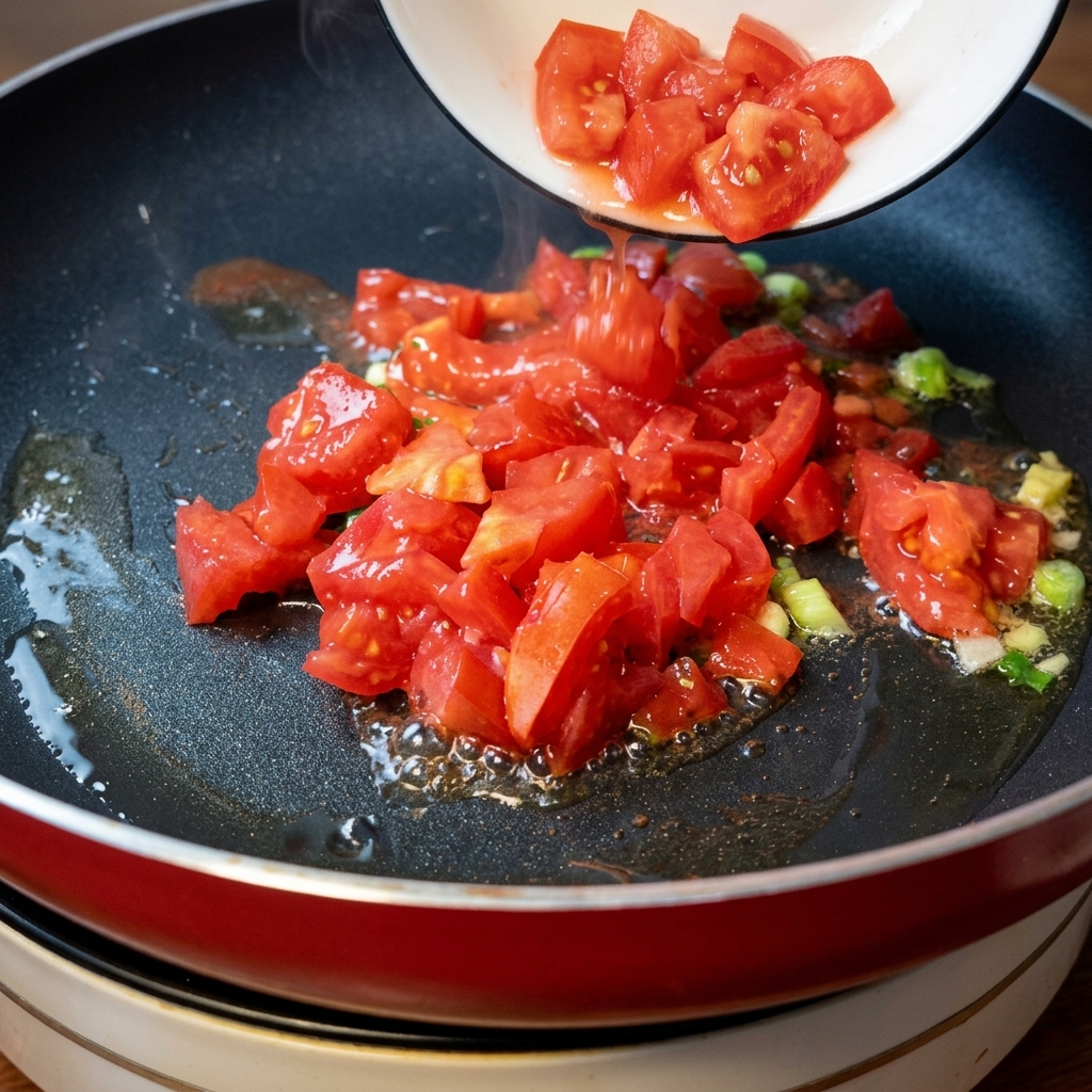 Freshly diced red tomatoes being poured from a white bowl into a hot frying pan with sizzling oil and chopped green scallions.