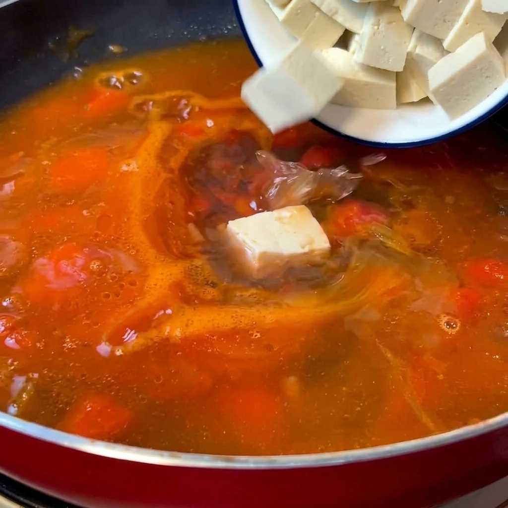 White cubes of tender tofu being poured from a small bowl into a red pan filled with bubbling orange-red tomato soup base.