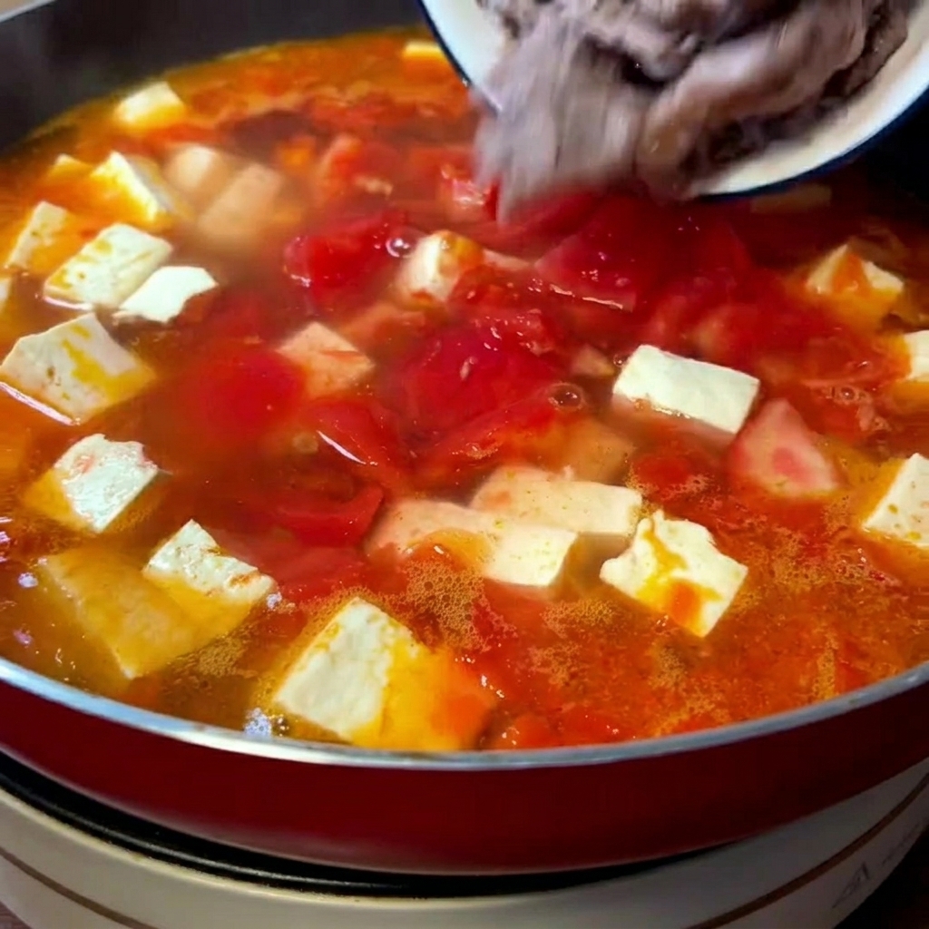 Stir-fried beef slices being added from a plate into a simmering pan filled with tomato soup and cubes of white tofu.