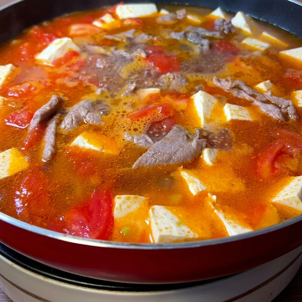 A red pan filled with a colorful, boiling soup containing chunks of red tomatoes, white tofu cubes, and beef slices.