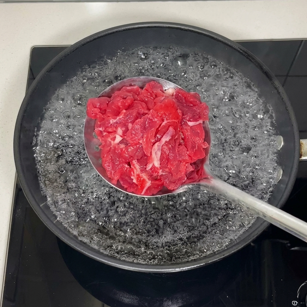 Thinly sliced raw red beef piled on a metal slotted spoon being lowered into a pan of rapidly boiling water.
