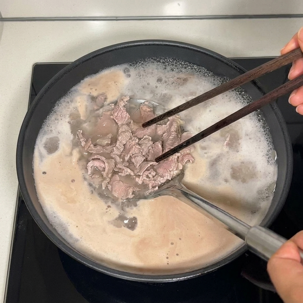 Opaque, light brown blanched beef slices being scooped out from a pan of foamy boiling water using a slotted ladle and chopsticks.