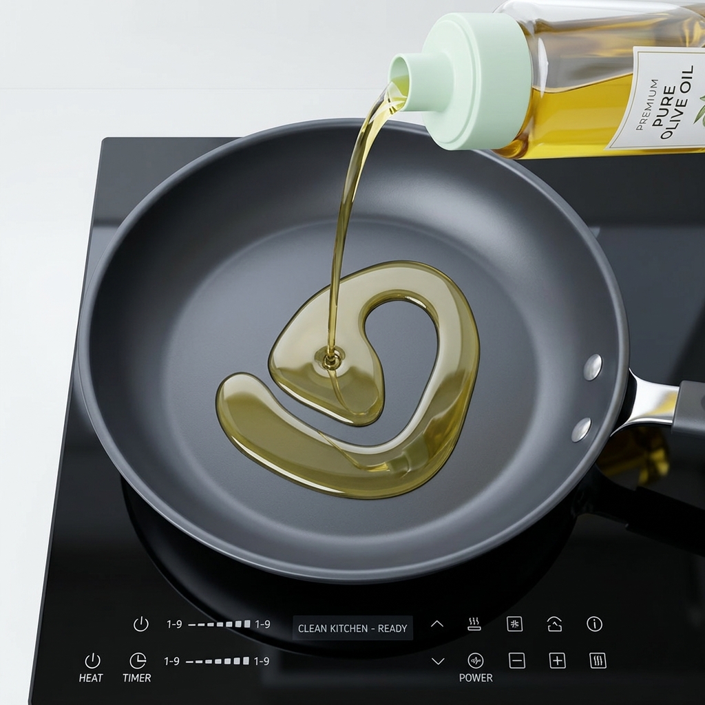 Clear cooking oil being poured from a glass bottle into a clean, black non-stick frying pan on an induction cooktop.