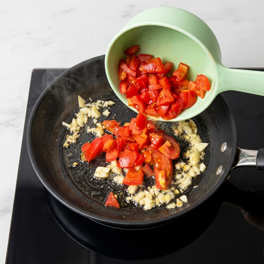 Chopped fresh red tomatoes being poured from a light green ladle bowl into a pan with sizzling minced garlic.