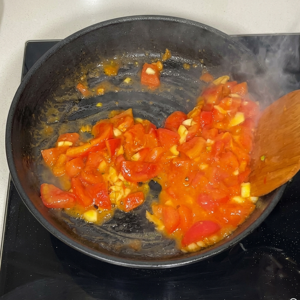 Chopped tomatoes being stir-fried in a black pan with a wooden spatula, releasing juices and steam.