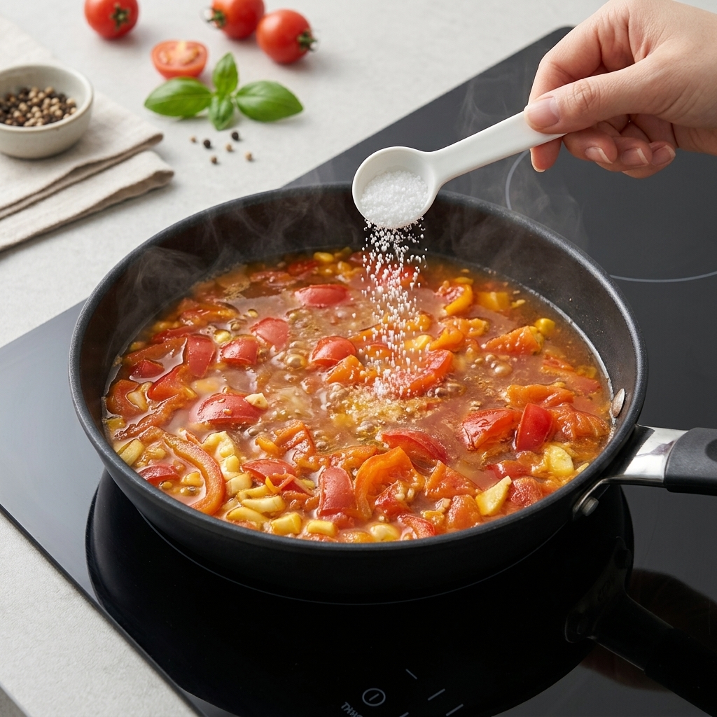A hand sprinkling salt from a white measuring spoon into a bubbling tomato soup in a black pan.